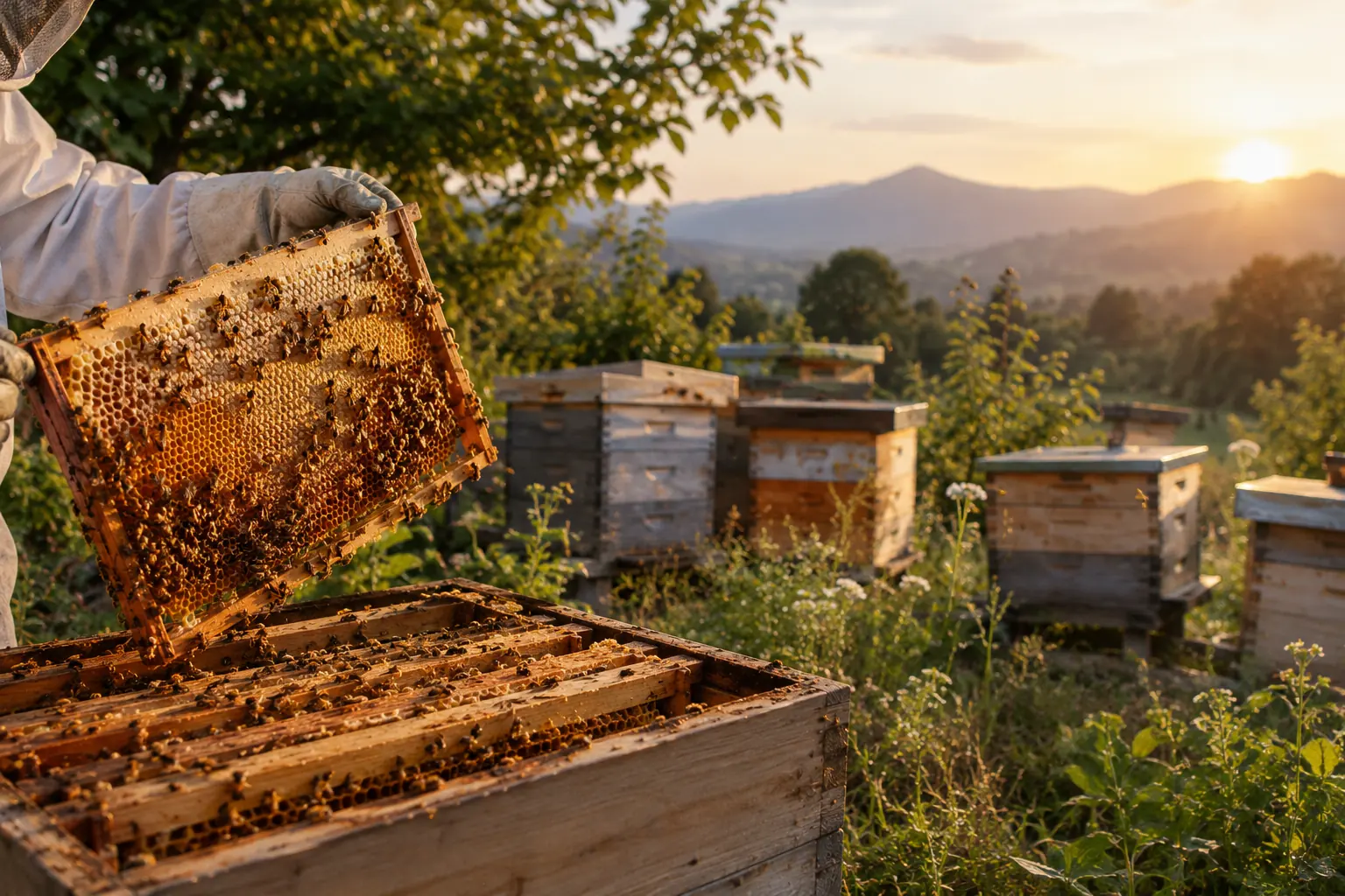 A beekeeper lifting a honeycomb frame from a wooden hive at sunset