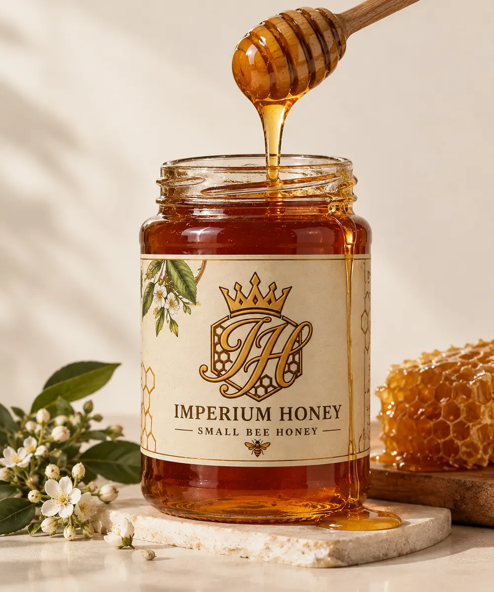 Small Bee Honey dripping from a wooden dipper into the jar