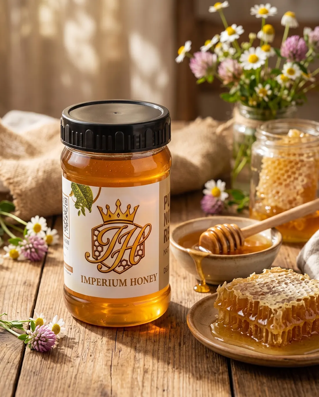 Giant Bee Honey jar on a wooden table with honeycomb and wildflowers